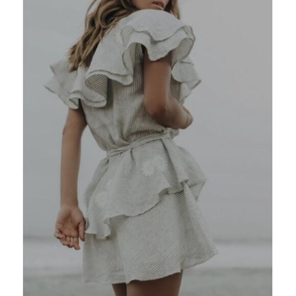 Innika Choo Striped Ruffle Mini Dress OS Linen Floral Embroidery Sailor Wrap - Picture 14 of 16